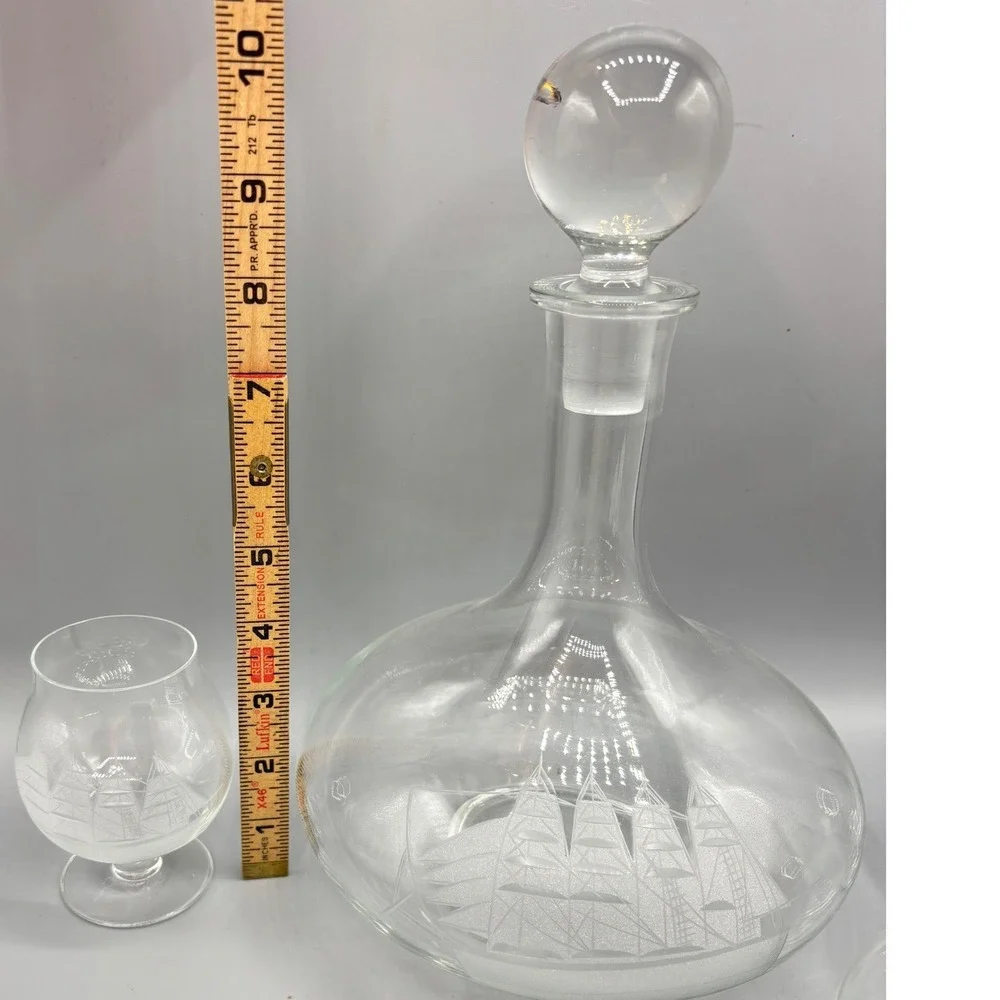 Vtg Etched Crystal Nautical Clipper Ship Decanter Set 6 Glasses Barware‎